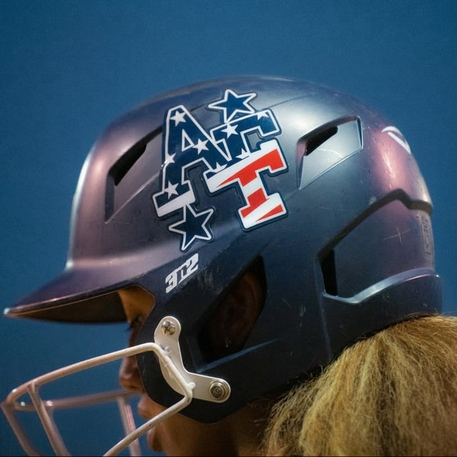 Person wearing a helmet with a logo on a blue background